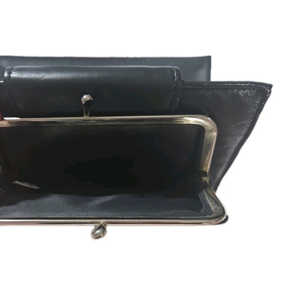 Vintage Black Leather Wallet Clutch Kiss Clasp - Picture 6 of 6